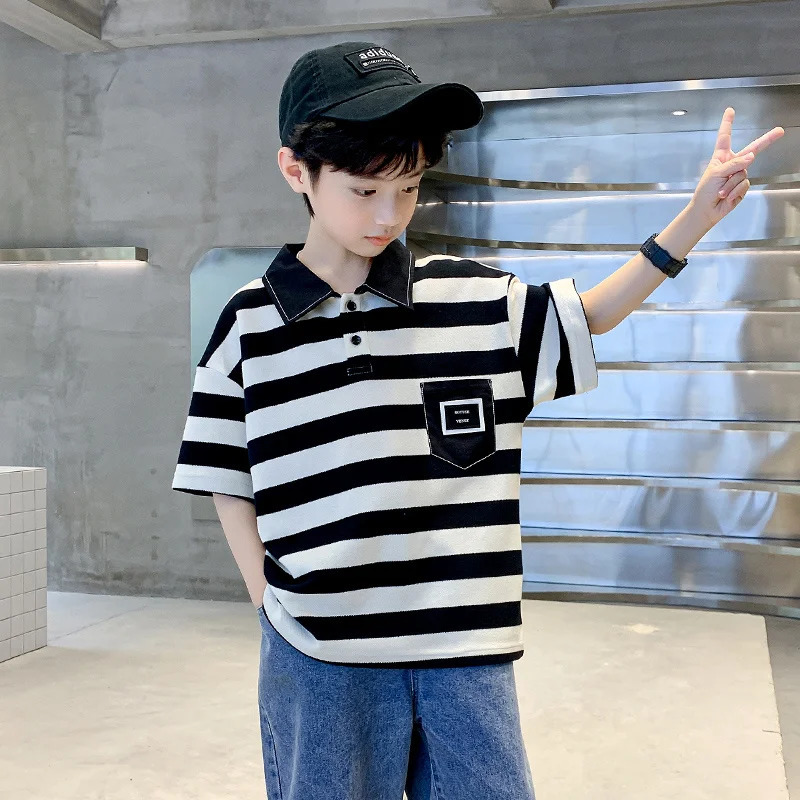 Boys Shorts Sleeve Polo Shirt For Kids Striped Clothes Casual Cotton Tshirts Children Tee Tops Summer Clothing Outfits 5-14Y 250508