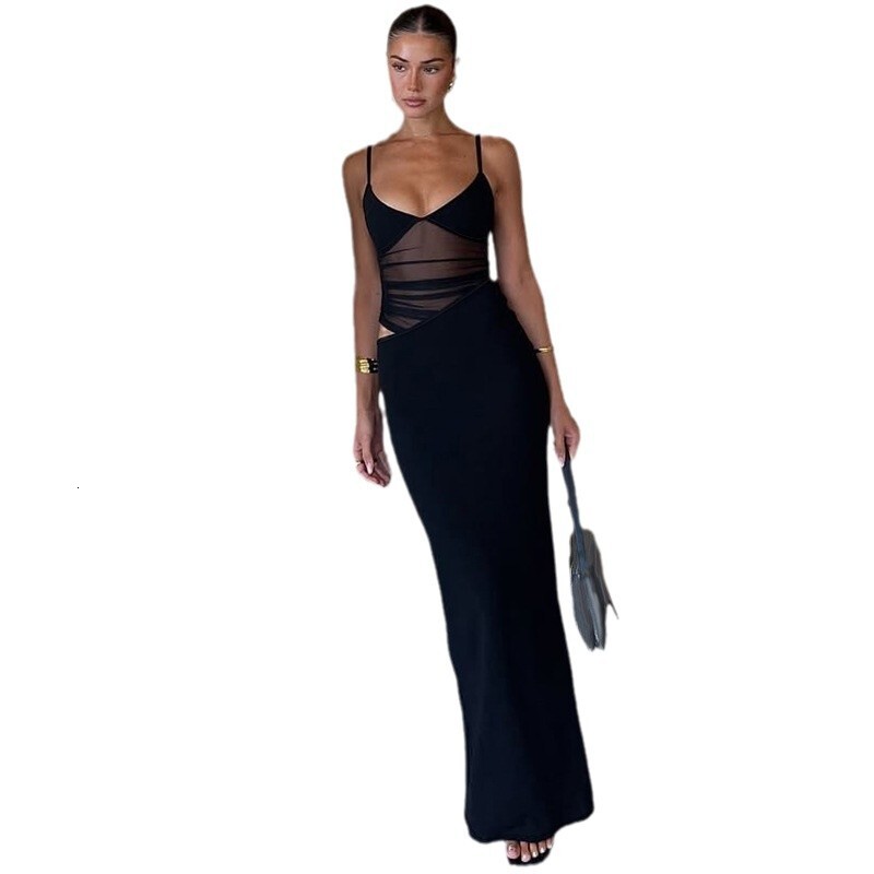 Womens 2024 Winter New Product Fashionable and Sexy Splicing Split Mesh Perspective Strap Dress