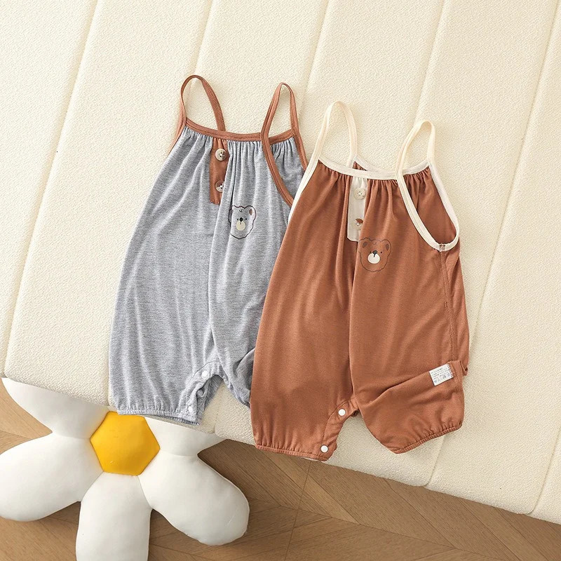 Summer Fashion Cute Baby Sling Double Button Vest Rompers Cartoon Bear Boy Girl Kids Crawling Clothes Soft Toddler Bodysuits 250508
