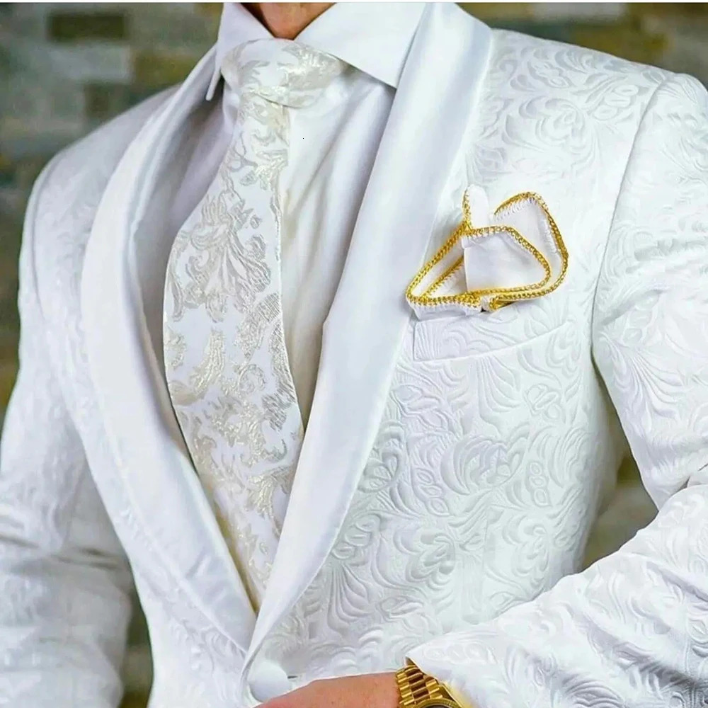 White Jacquard Men Suits One Button Slim Fit 2024 Wedding Groom Tuxedos Elegant 2 Piece Jacket Pants Costume Blazer 250506