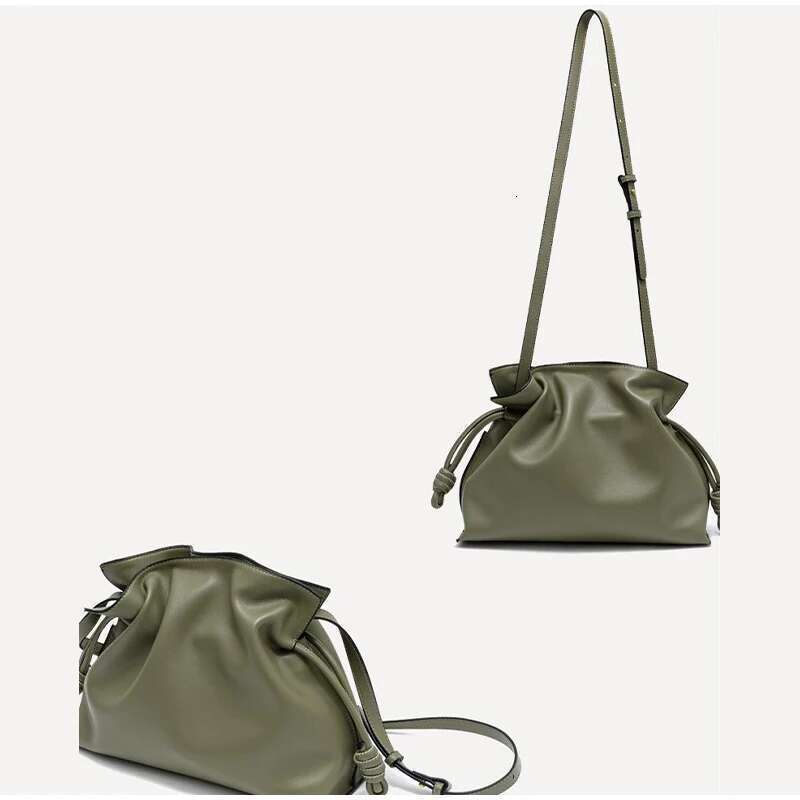 Fashion Clouds Genuine Leather Shoulder Ladies Retro Crossbody French Niche Hundreds Pleated Drawstring Lunch Box Bag