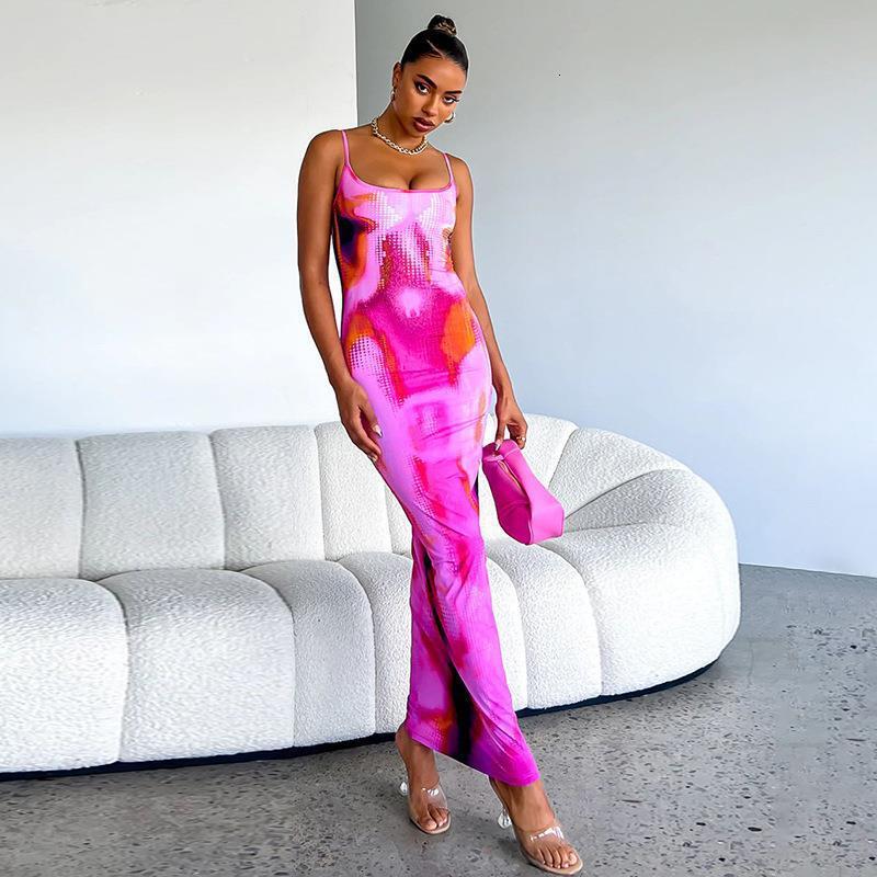 Wind Spicy Girl Hanging Strap Print Dress Casual Vacation Slim Fit Dress Summer Womens Wrap Hip Long Dress