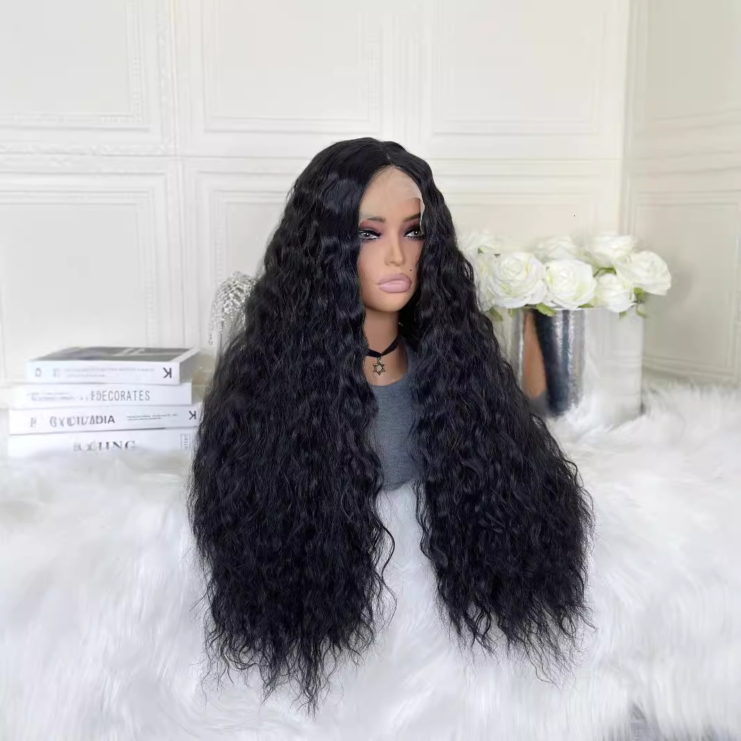 for Wig ladies front lace synthetic headband black medium split long curly hair with water ripples