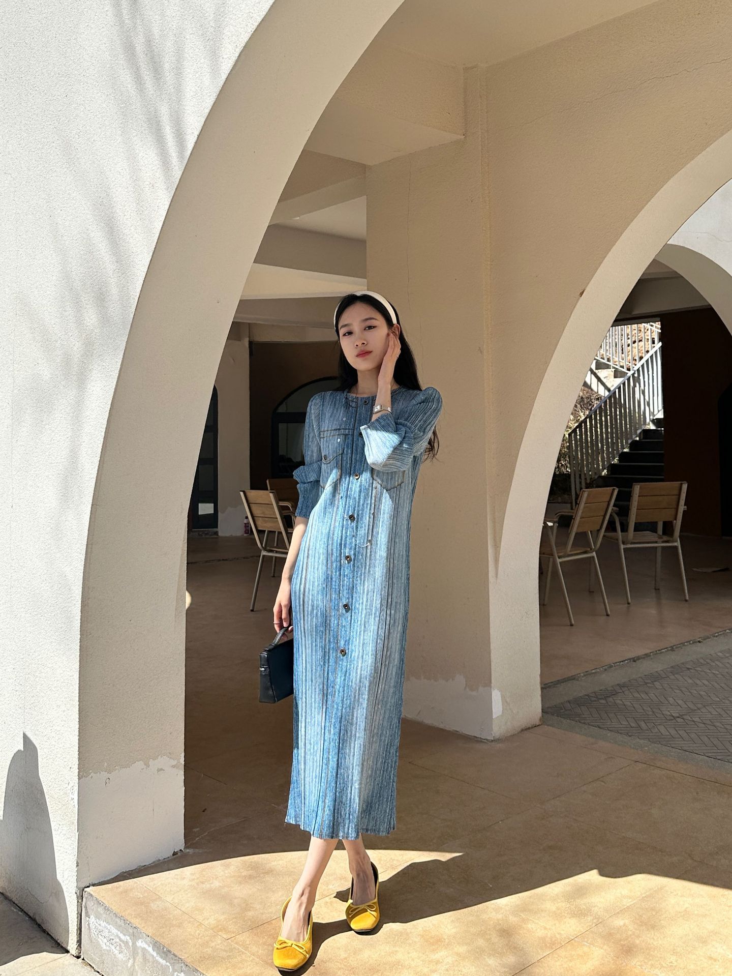 HX240 Pleated dress imitation denim retro straight long skirt plus size women's clothing cover the flesh and show thin vest skirt