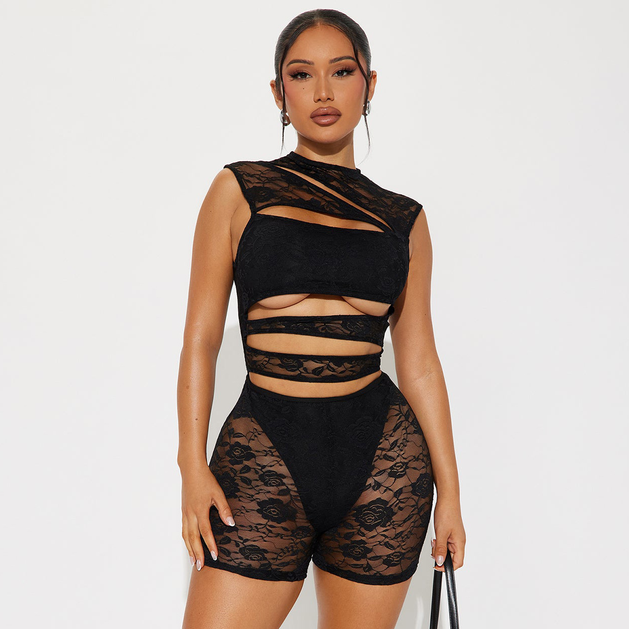 Sexy Hollow Out Playsuits Women Mesh Jacquard Patchwork Irregular Stretch Sleeveless Skinny Midnight Club Party Rompers