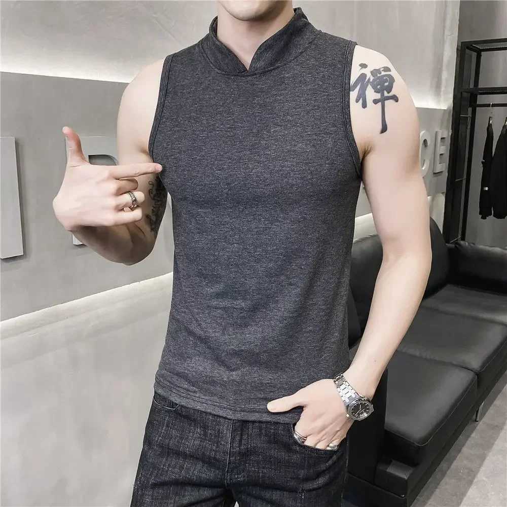 Mens Summer Sexy Vest Small High Collar Breathable Sports Fitness Bottom Undershirt Sexy Slim Fit Tight Sleeveless Top T-Shirt W250508