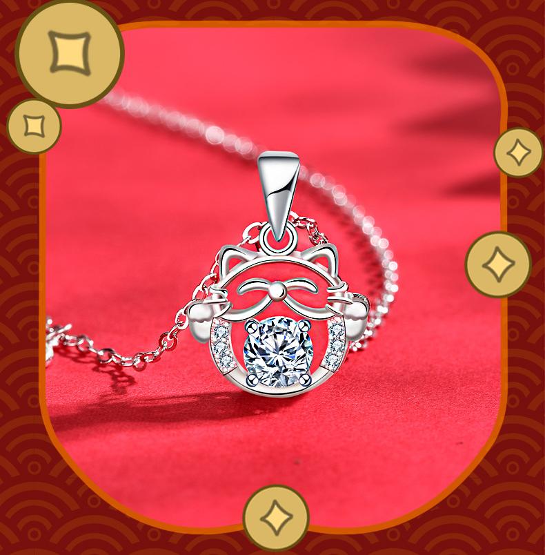Chinese Style Necklace 925 Sterling Silver DIY Lucky Cat Moissanite Pendant