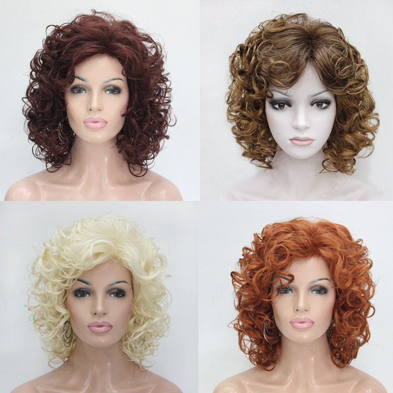 wool Wig roll medium length hair slanted bangs fluffy natural small curly hair synthetic headband wig