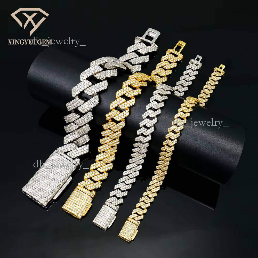 Miami Sier 8mm 10mm 12mm 14mm 18mm 20mm Sharp Angled Style Cuban Link Chain Iced Out Mossanite Moissanite Bracelet for Men