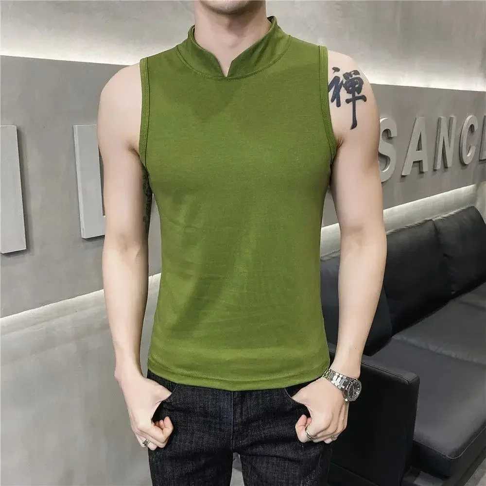 Mens Summer Sexy Vest Small High Collar Breathable Sports Fitness Bottom Undershirt Sexy Slim Fit Tight Sleeveless Top T-Shirt W250508