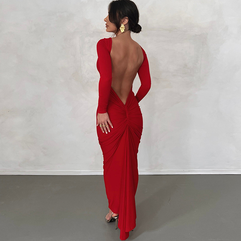 Hot New Solid Sexy Backless Pleated Long Temperament Slim Dress