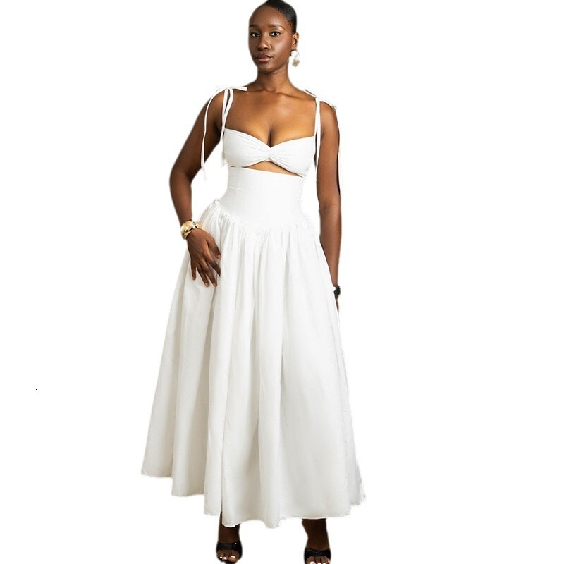 Fengins womens fashionable solid color dress with suspender off shoulder sleeveless skirt long skirt