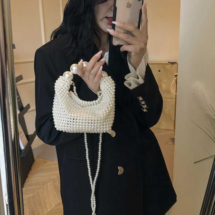 French hollowed out fairy pearl bag, socialite handmade woven beaded handbag, Boston handheld vacation bag