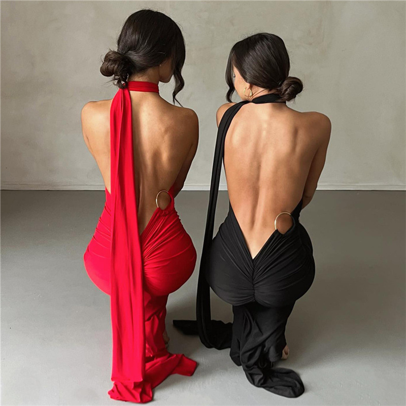 Wind 2023 Summer New Womens Sexy Open Back Hanging Neck Wrap Hip Slim Fit Evening Dress Womens Dress