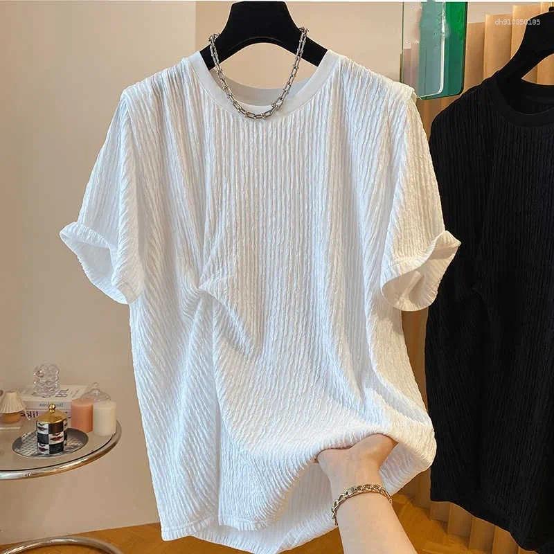 Men's T Shirts Summer Clothing Luxury Korean O Collar T-shirt Streetwear Leisure Short Sleeve Solid Color Retro Fashion Textured