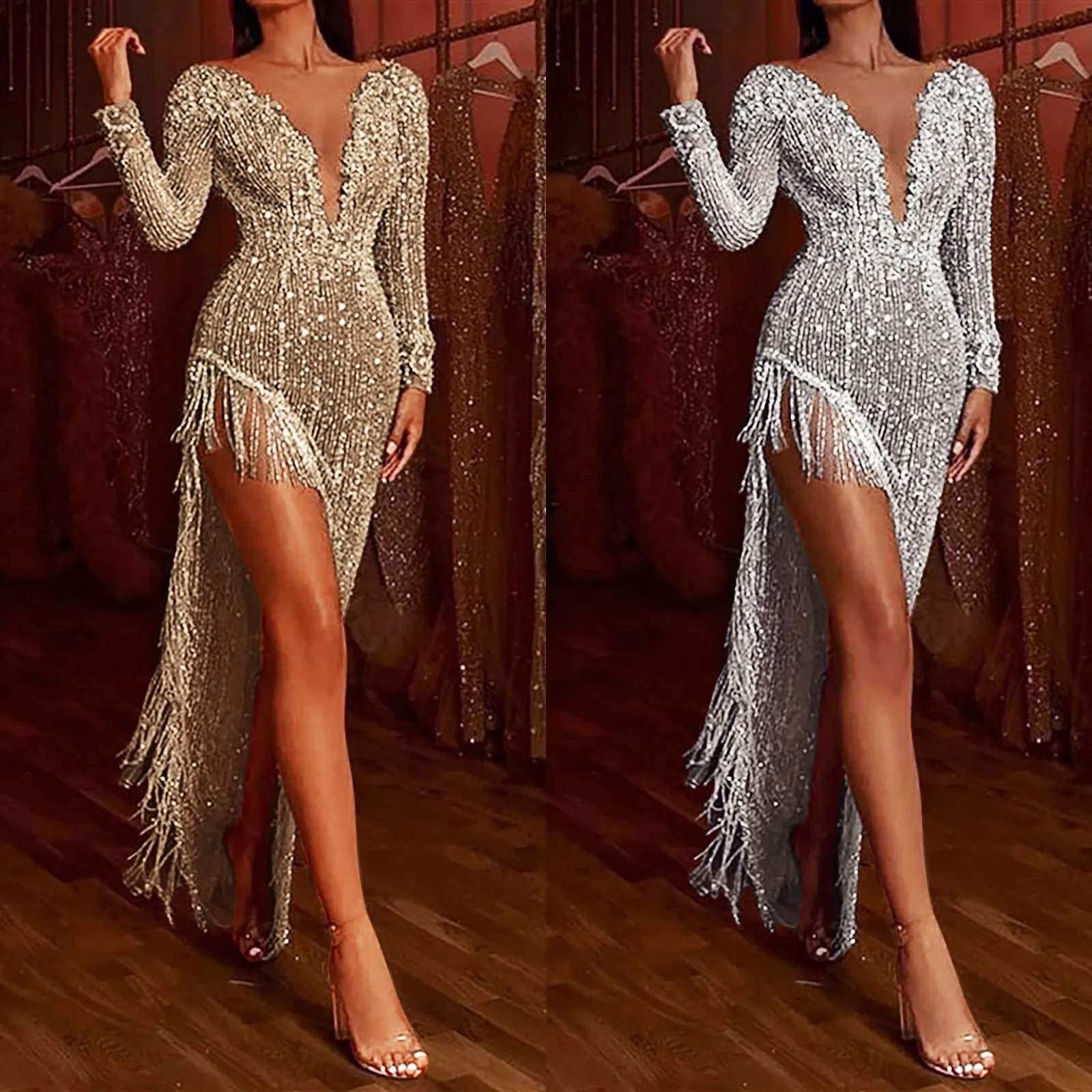 Sexy Asymmetrical Dress Womens Gown Cocktail Bodycon Party Night Dress Tassel Bead Deep V Long Sleeve Side Slit Dresses Vestidos 250507