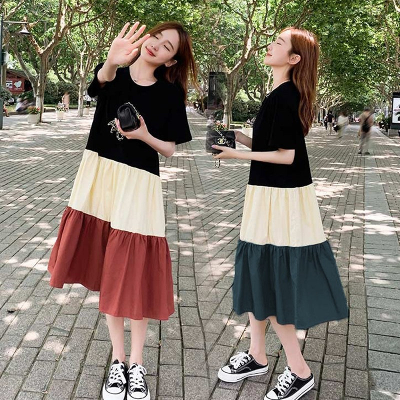 BQ155 Dress splicing contrast color female student loose large size fashionable and stylish medium and long knee-length skirt