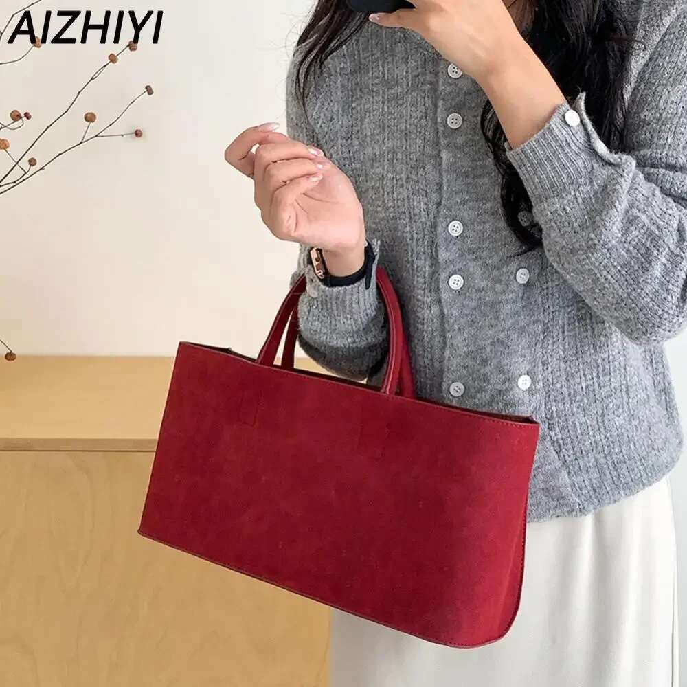Suede Handbag for Women Retro Red Top Handle Vintage Shoulder Bags Female Chic Handbags Purse Ladies Shopping Commuter Bag