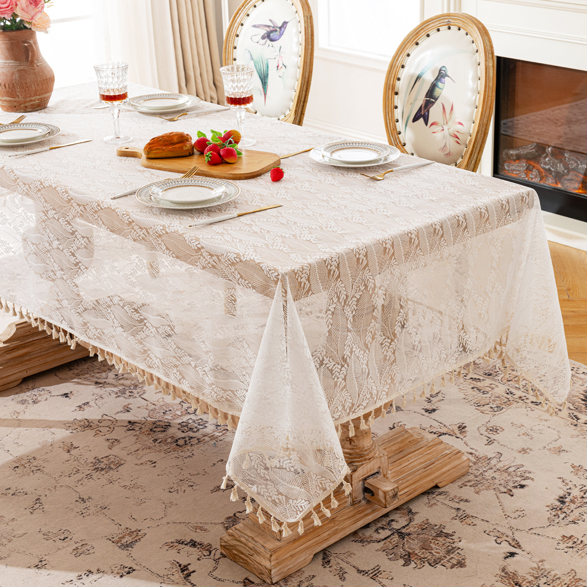 XX0372 French rose lace tablecloth light luxury high-end rectangular tablecloth non-slip coffee table wedding decoration cover cloth
