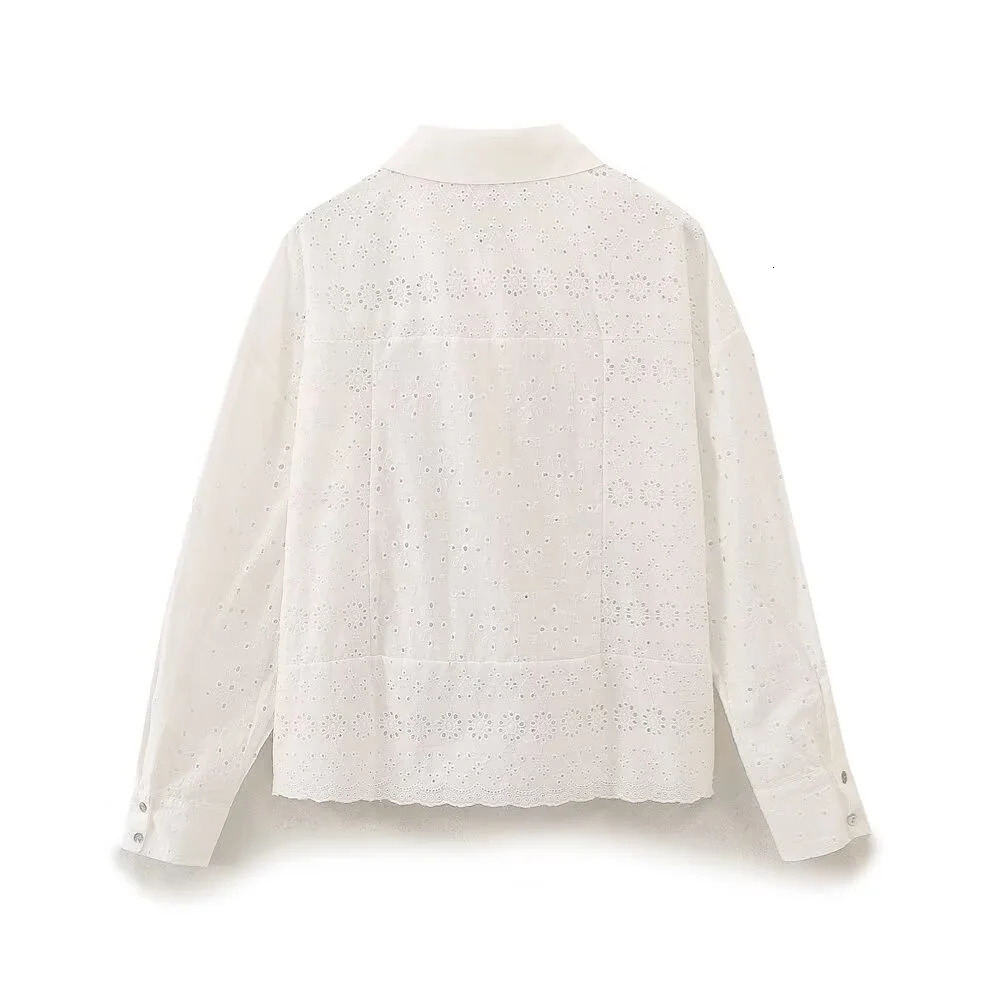 PB ZA2024 Summer Fashionable Casual Womens Long Sleeve Collar Hollow Embroidered Shirt Folding Short Set 250430Z