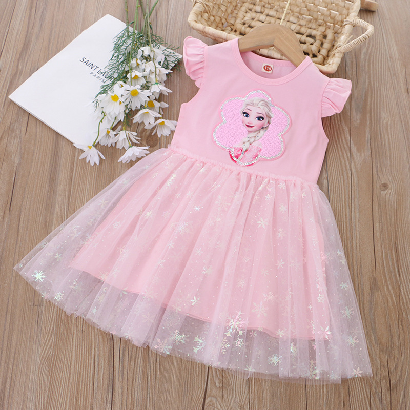 DISNEY Frozen Princess Elsa kids designer clothes toddler designer clothes Summer children clothes girl dress with flying sleeves and sequins cartoon 