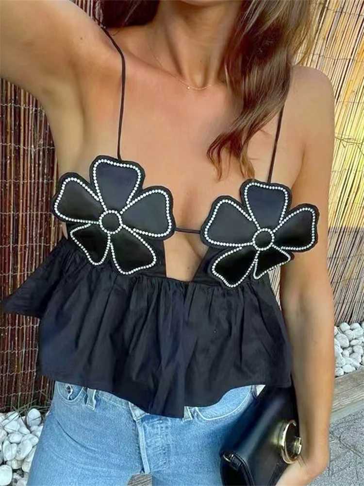 Womens vest floral spaghetti strap sleeveless tie backless vest summer vest Fairycore sexy cut topXJ250508