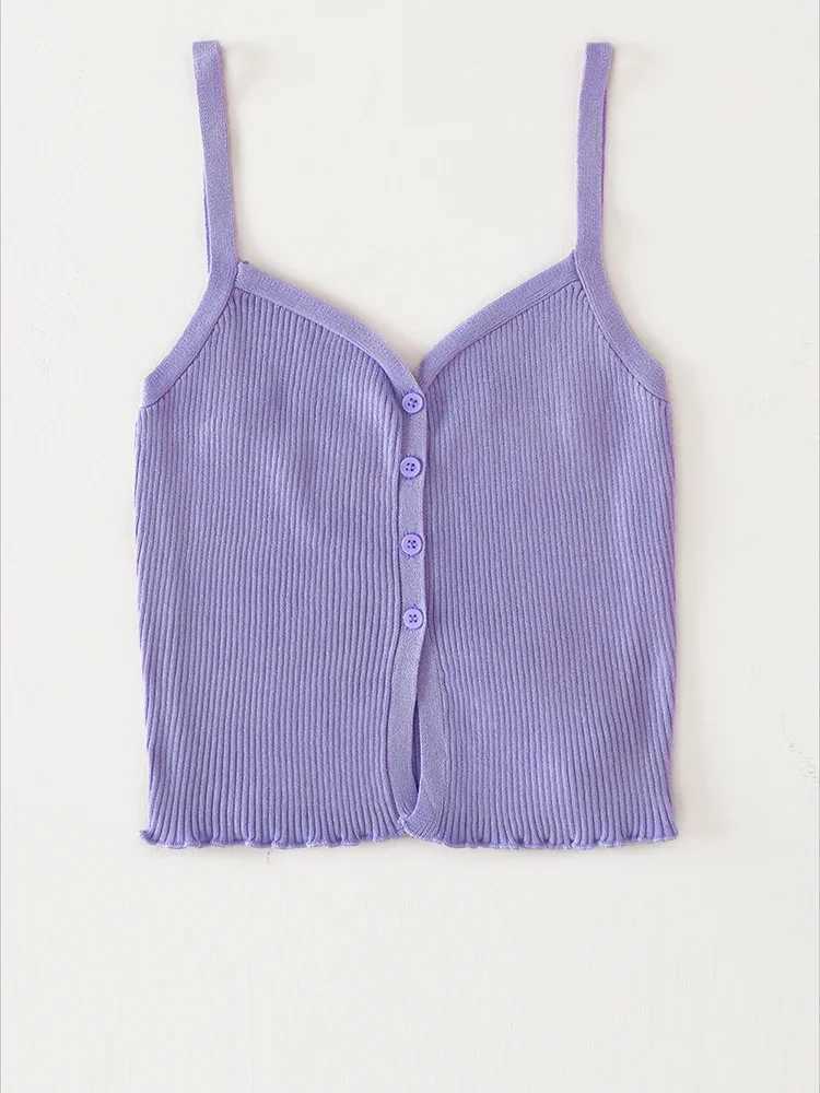 Button Front Cami Tops Lettuce Hem Strappy Ribbed Knit Camisole Women Teengirl Crop Tops 2024 Summer Basic OutfitXJ250508