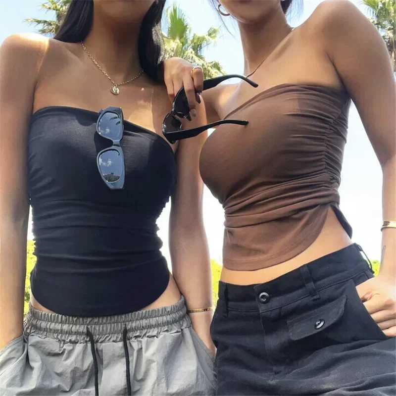 Solid Pleated Strapless Crop Tube Top For Women Curved Hem Chest Wrapped Females Camisole Tank Off Shoulder Thin Sexy SummerXJ250508