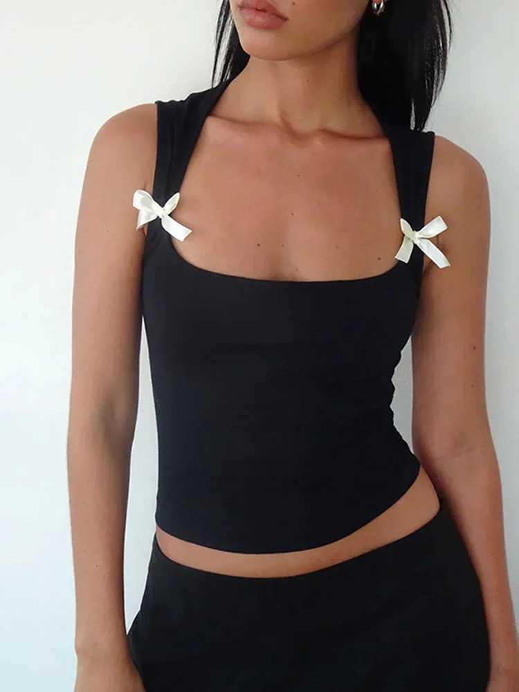 Y2K Womens Bow Tie-Up Tank Tops Wide Shoulder Straps Bandage Camisole Sexy Low Cut Crop Tops Female Vest TopsXJ250508