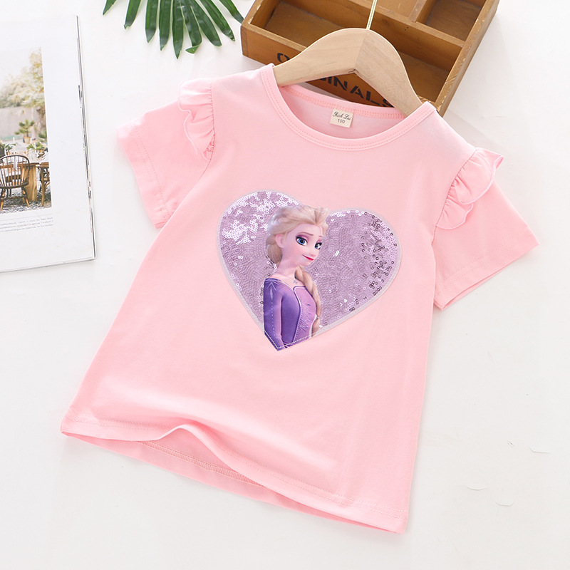 DISNEY Frozen Princess Elsa kids designer clothes Girl summer short-sleeved T-shirt cotton clothes heart sequins pure cotton without label design.