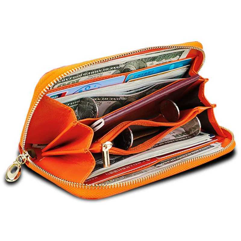 Purple womens genuine leather wallet phone wallet yellow orange zipper womens wallet long clutch wallet red card holder Z250509