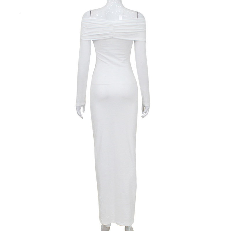 Solid color sexy French one shoulder strapless long sleeved spring and autumn womens clothing pleated temperament elegant style dress for women