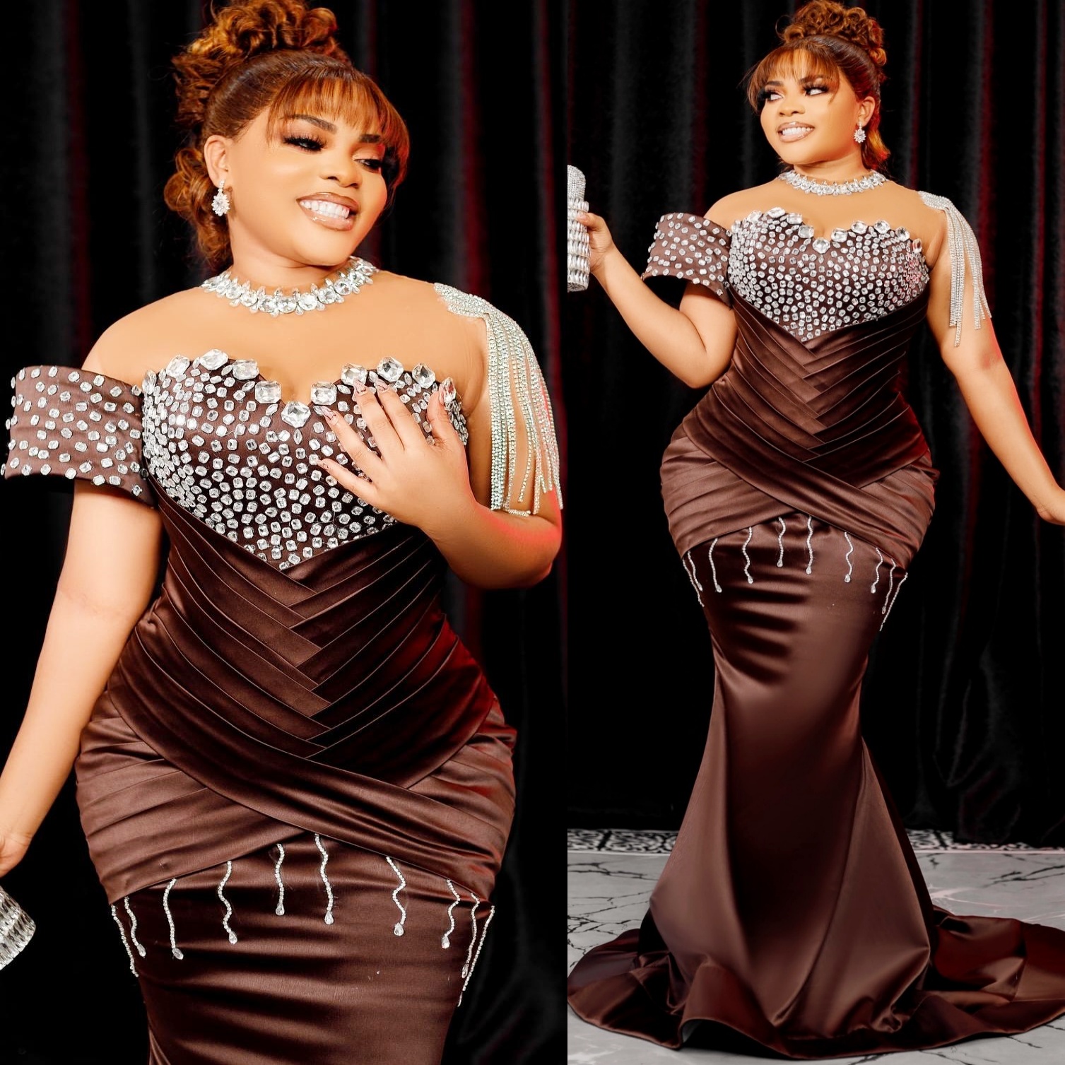 Chocolate Mermaid Plus Size Prom Dresses 2025 Satin Crystals Sheer Neck Evening Formal Party Second Birthday Engagement Gowns Dress For Special Occasi
