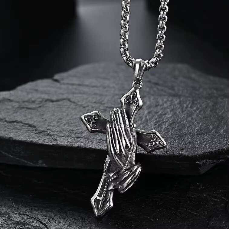 Stainless Steel Cross Necklace with Praying Hands Pendant Chain Retro Style for Men