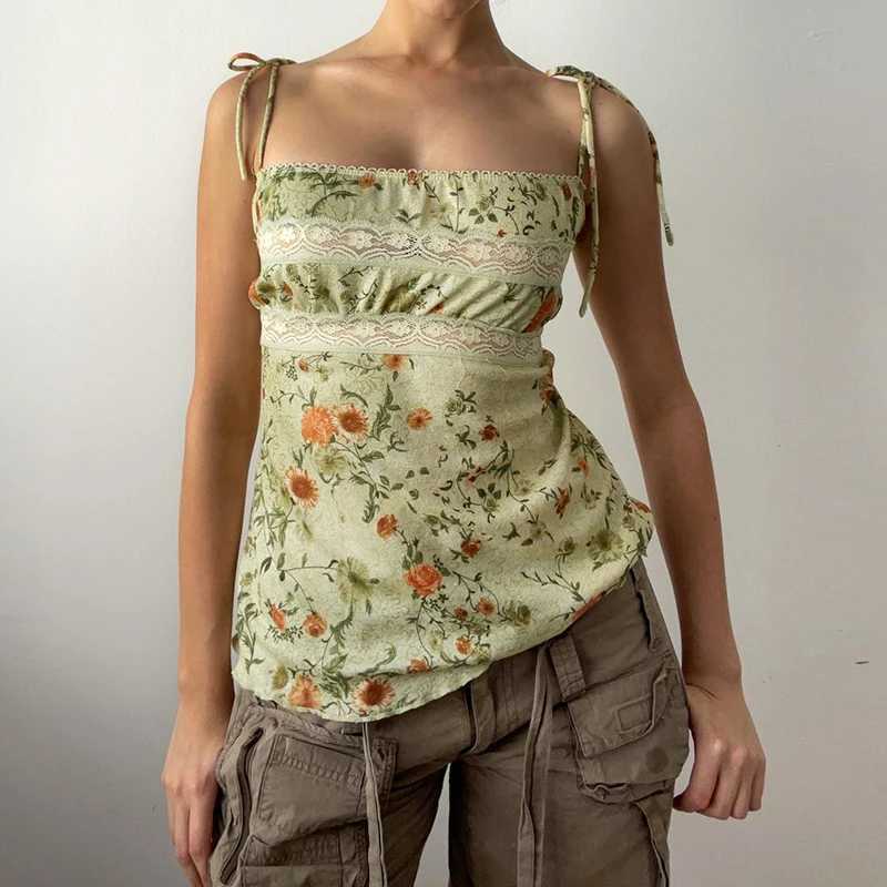 BIIKPIIK Vintage Floral Printed Lace Tank Tops Y2K Retro Bandage Backless Women Camisole Summer Slim Fit Vests Mori Girl OutfitsXJ250508