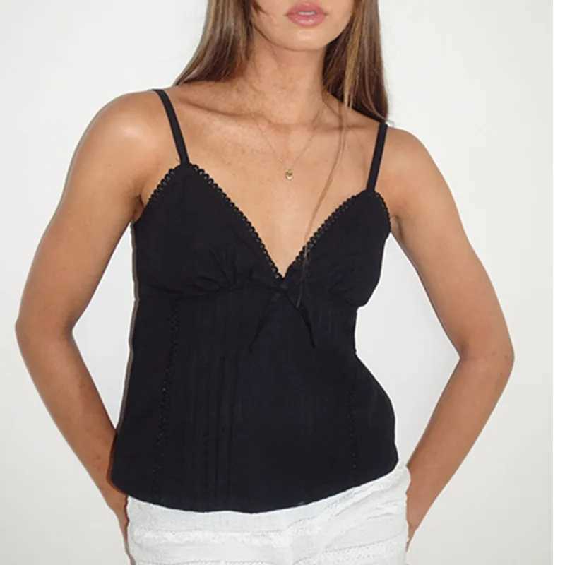 Summer womens plain weave vest fashion bow vest Harajuku streetwear Y2K womens casual sleeveless V-neck vestXJ250508