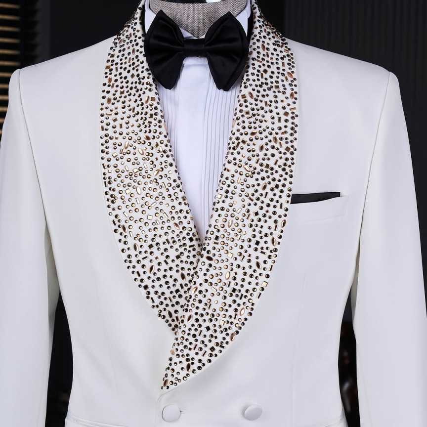 Luxury White Men Wedding Suits Peaked Lapel With Beaded Placket Ribbon Tuxedos Groom Party 2 Pieces Blazer Pants Customized Suit(Coat+Pants)