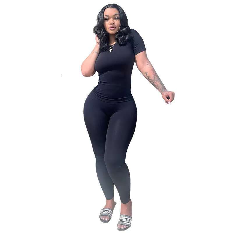 DHessentials Women's Solid Color Slim Fit Short Sleeved High Waisted Tight Pants Casual Two-piece Set Women's Ribbed Knit