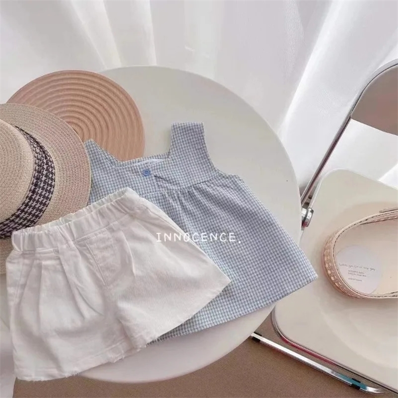 Girls Clothes Sets Summer Kids Casual Clothing for Girls Checked StrapsWhite Shorts Childrens Baby Girl Outfit 250508