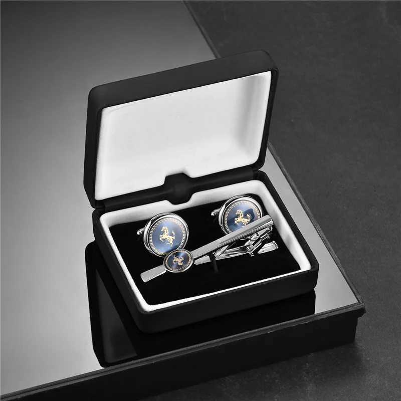 Luxury Cufflinks Tie Clip Set Man Shirt Cufflinks For Mens Wedding Guests Gift Blue Horse Men Cuffs Tie Clips Copper Wed Jewelry M250508