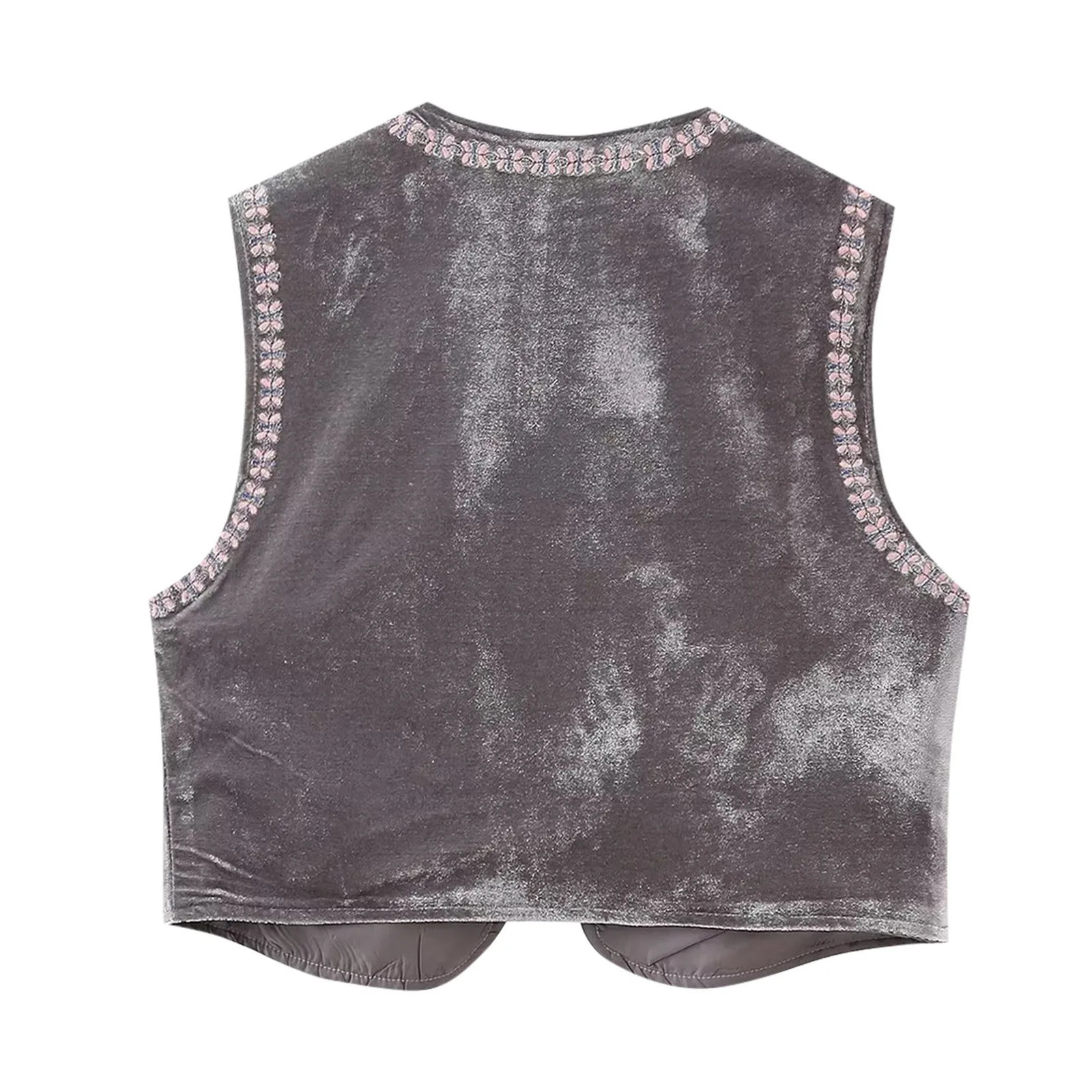 Ladies casual crop waist coat top French ethnic shorts Vneck beaded sleeveless embroidered velvet vest 250430Z