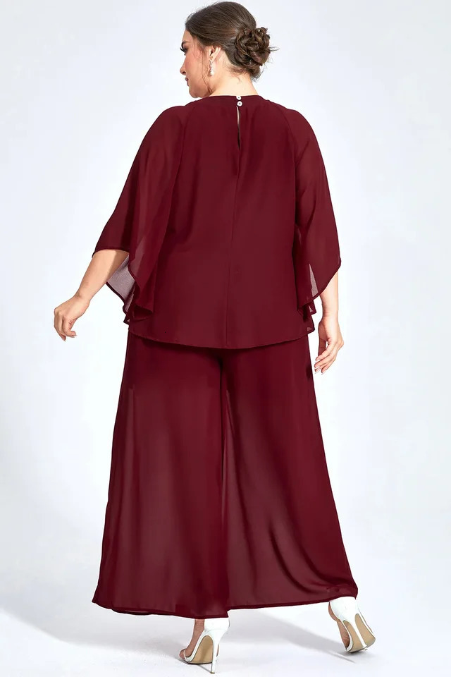 Womens plus size formal Burgundy chiffon pleated sleeve cut wide leg twopiece pants set casual office womens matching y250427