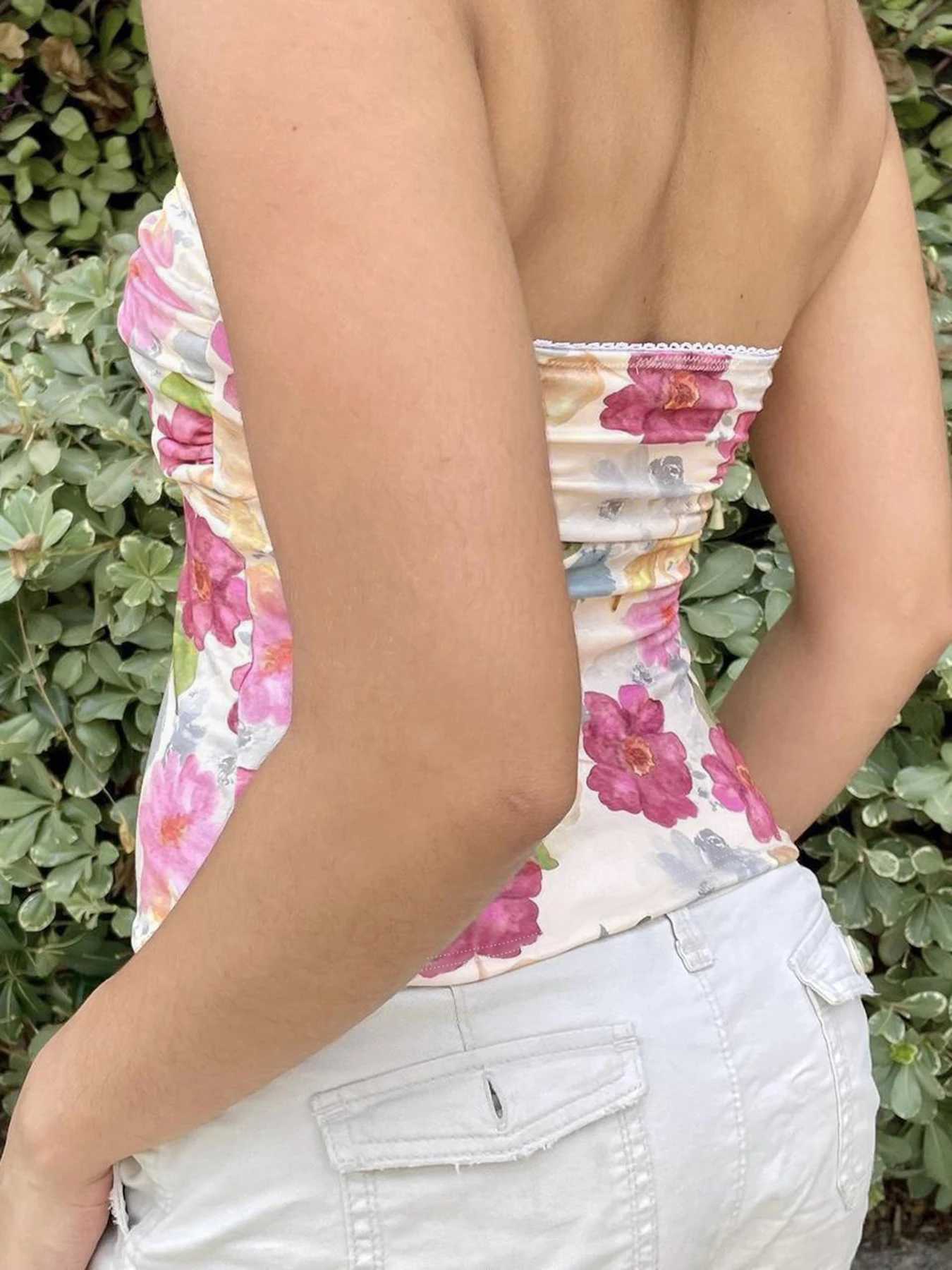 Cuteandpsycho Floral Print Y2K Tube Tops Sexy Summer Backless Womens Bustiers Chic Harajuku Korean Slim Crop Camisole 2000sXJ250508