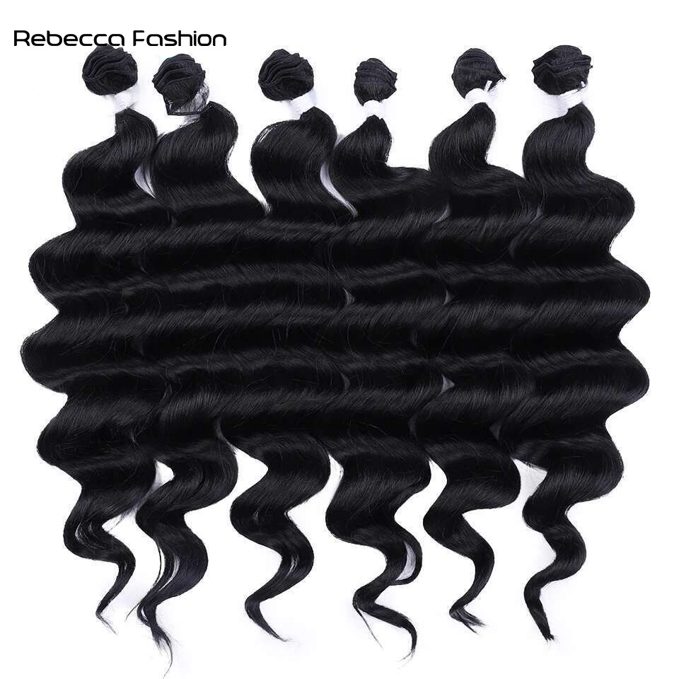 Rebecca Fashion Hair Extensions Synthetic Hair Weave 24Inch 6pcs Deep Wave Ponytail Hair Bundles Ombre Brown High Temperature Fiber