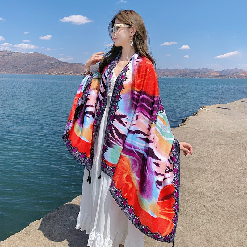 K662 New ethnic style large shawl Yunnan travel sunscreen scarf seaside beach towel cotton linen scarf cloak large gauze scarf