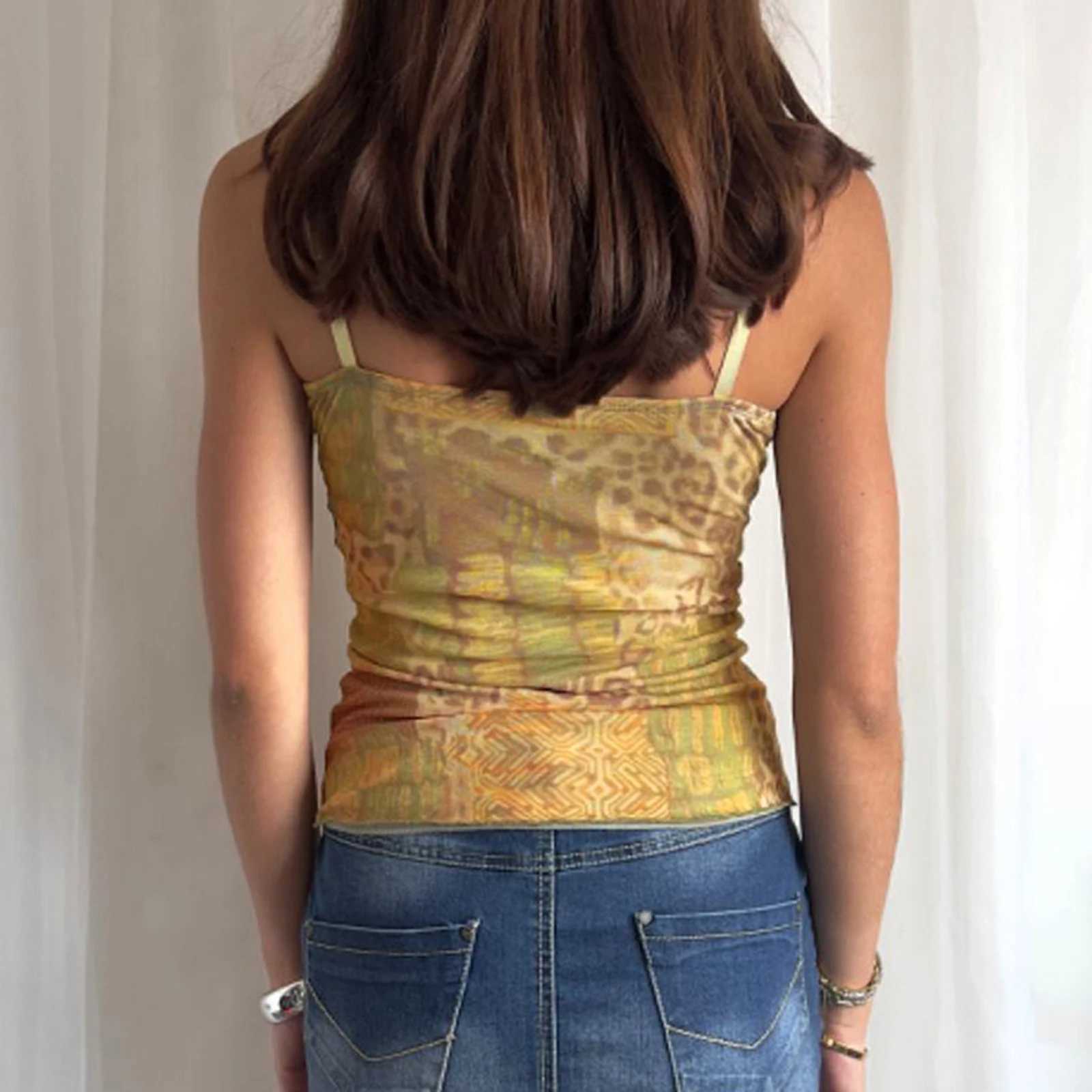 Y2K Vintage Womens Sleeveless Cami Tops Spaghetti Strap Abstract Print Ribbon Tie-up Front Camisole Tank Tops Summer ClothesXJ250508