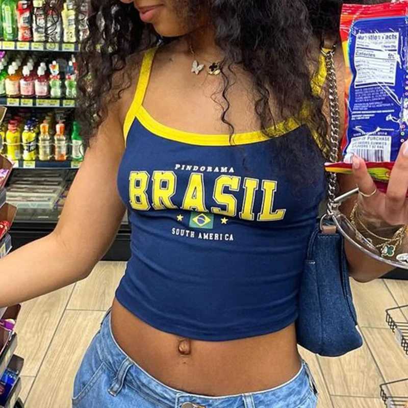 Gothic Vintage Aesthetic Brasil Print Camisole Tops Casual Slim Sexy Girl Fashion Womens Wear Y2K Harajuku Crop Top CamisXJ250508