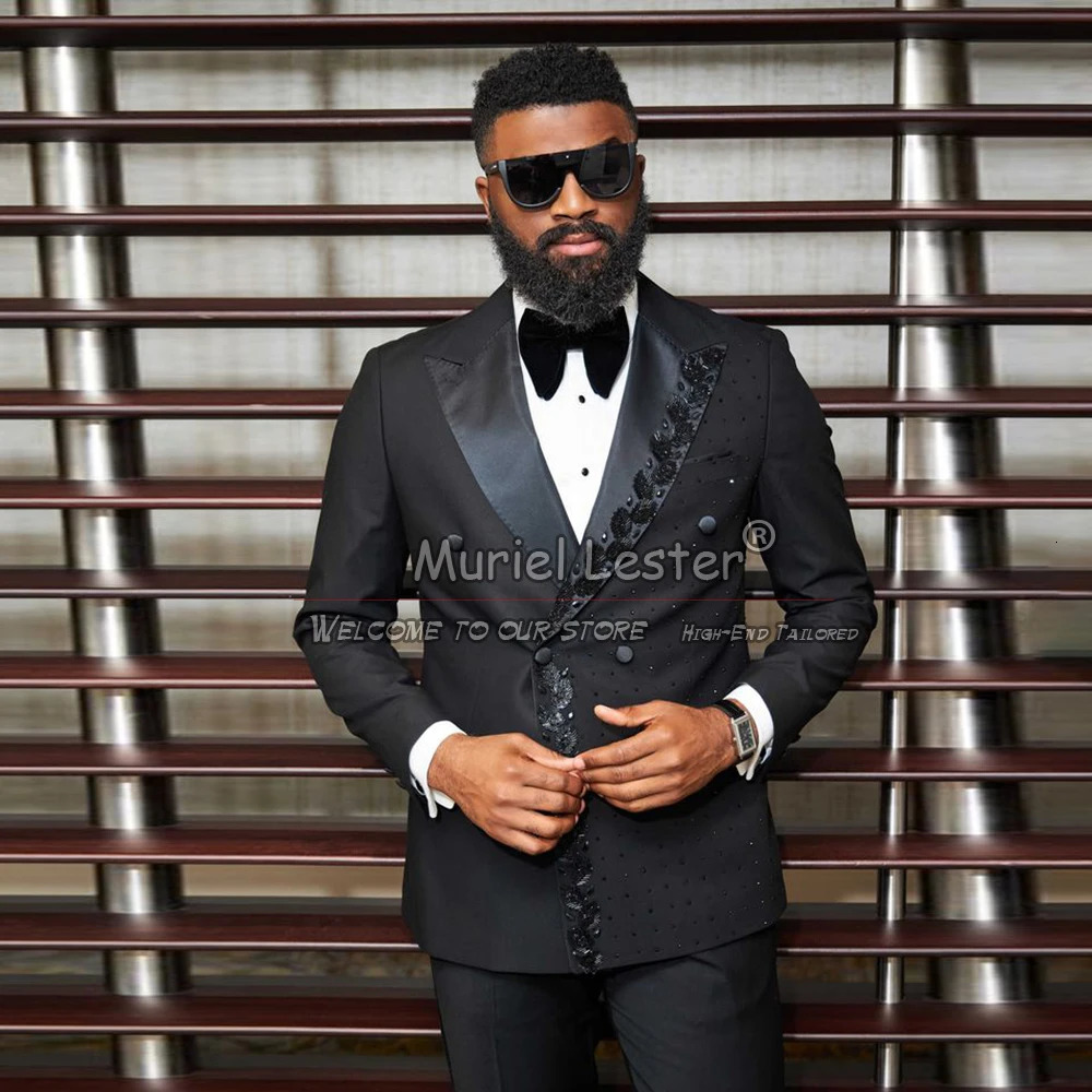 Wedding Suits Double Breasted Blazer Pants 2 Pieces Groom Tuxedos Crystals Beads Mens Dress Customized Man Clothing 250506