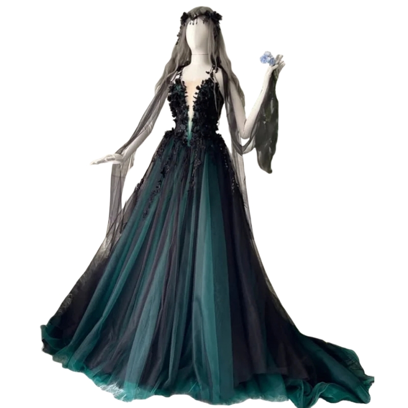 Vintage Princess Wedding Dress Dark Green And Black Gothic Bridal Gown 3D Floral Appliques Long Tulle A-Line Bride Dress Halter Backless Corset Vestid