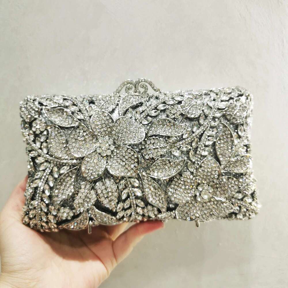 Flower Pattern Sier Gold Woman Dia Evening Bag Dinner Party Crystal Floral Handbag Wedding Bridal Rhinestone New Purse